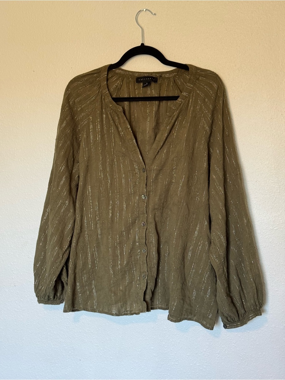 Sanctuary Olive Green Button-Front Metallic Stripe Blouse